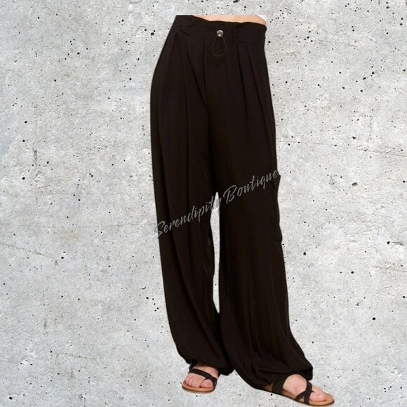 High Waist Draw String Tapered Waist Uber Baggy Wide Leg Black Mock Cargo Pants - Picture 6 of 9